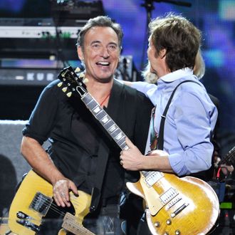 LOS ANGELES, CA - FEBRUARY 12: Bruce Springsteen and Paul McCartney perform onstage at the 54th Annual GRAMMY Awards held at Staples Center on February 12, 2012 in Los Angeles, California. (Photo by Kevin Winter/Getty Images)