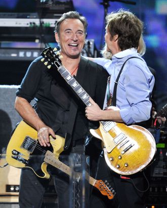 LOS ANGELES, CA - FEBRUARY 12: Bruce Springsteen and Paul McCartney perform onstage at the 54th Annual GRAMMY Awards held at Staples Center on February 12, 2012 in Los Angeles, California. (Photo by Kevin Winter/Getty Images)
