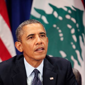 U.S. President Barack Obama talks during a bilateral meeting with Lebanese President Michel Suleiman at the U.N. headquarters on September 24, 2013 in New York City. Over 120 prime ministers, presidents and monarchs are gathering this week for the annual meeting at the temporary General Assembly Hall at the U.N. headquarters while the General Assembly Building is closed for renovations. 