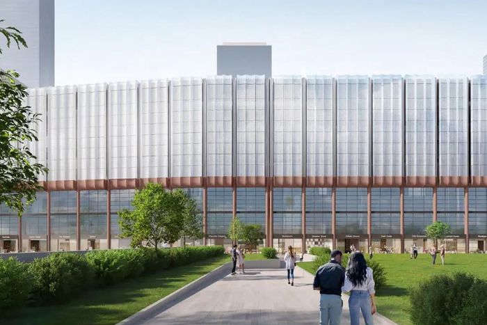 Looking north at the staging building between Ninth and Tenth Avenues from about 38th Street.