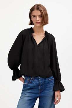 Madewell Long-Sleeve Tie-Neck Top - True Black