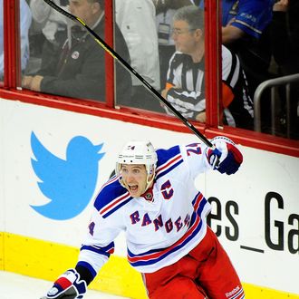 Ryan Callahan #24 of the New York Rangers celebrates after scoring thegame-winning goal in overtime against the Carolina Hurricanes during play at PNC Arena on April 25, 2013 in Raleigh, North Carolina. The Rangers won 4-3 in overtime. (Photo by Grant Halverson/Getty Images)