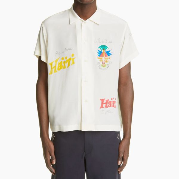 Bode Haiti Hand Painted Short Sleeve Silk Button-Up Shirt