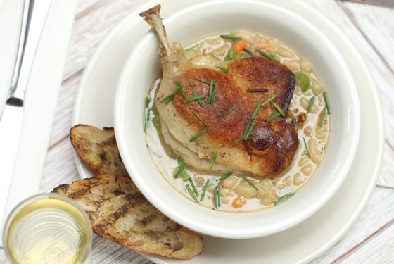 Duck casoulet with flageolet beans and a grilled baguette.