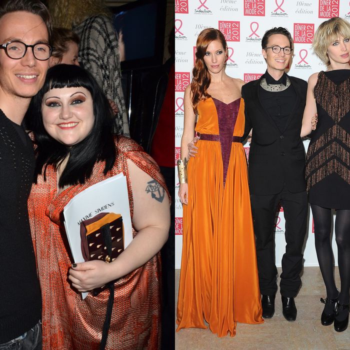Maxime Simoens with Beth Ditto (left); with his designs (right).