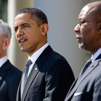 US President Barack Obama speaks alongside Commerce Secretary John Bryson (L) about enforcing US trade rights as he accused China of breaking global trade rules by restricting exports of rare earth elements during a statement in the Rose Garden of the White House in Washington, DC, March 13, 2012. 