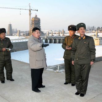 This undated picture, released from North Korea's official Korean Central News Agency on January 12, 2012 shows North Korean leader Kim Jong Un (C) inspecting the planned construction site for the Pyongyang Folk Park, undertaken by Korean People's Army service personnels in Pyongyang.