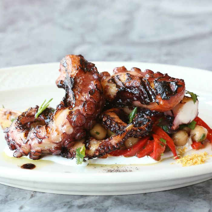 Octopus with a Mediterranean chickpea salad.