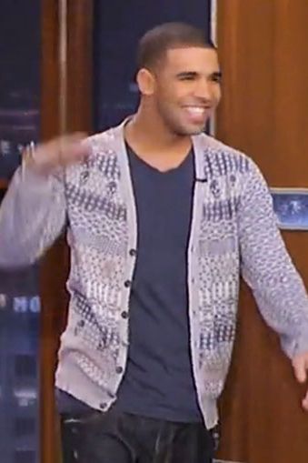 Here's an example of unselfish sweater-ing: Drake, on Jimmy Kimmel Live, in a totally snazzy Cosby Christmas sweater. (For anyone in need of a new band name: That's an Alexander McQueen Fairisle Skull Cardigan.)