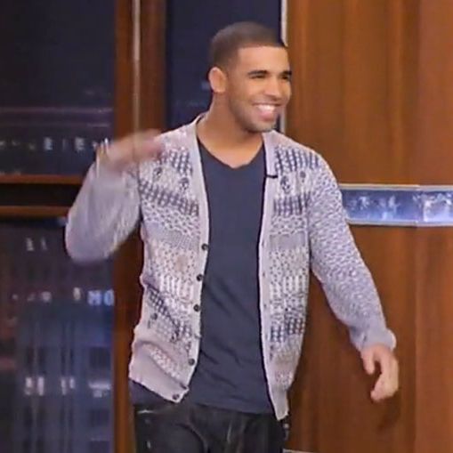 Here's an example of unselfish sweater-ing: Drake, on Jimmy Kimmel Live, in a totally snazzy Cosby Christmas sweater. (For anyone in need of a new band name: That's an Alexander McQueen Fairisle Skull Cardigan.)