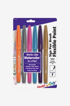 Pentel Arts Sign Pen Brush Tip, Assorted Ink, 6-Pack