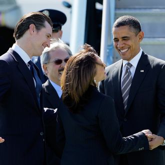 President Barack Obama is greeted by, from left, California Lt. Gov. Gavin Newsom, San Francisco Mayor Ed Lee and California Attorney General Kamala Harris upon his arrival at San Francisco International Airport in San Francisco, Thursday, Feb. 16, 2012. President Obama is spending the night in San Francisco attending a number of private fundraising events. (AP Photo/Eric Risberg)