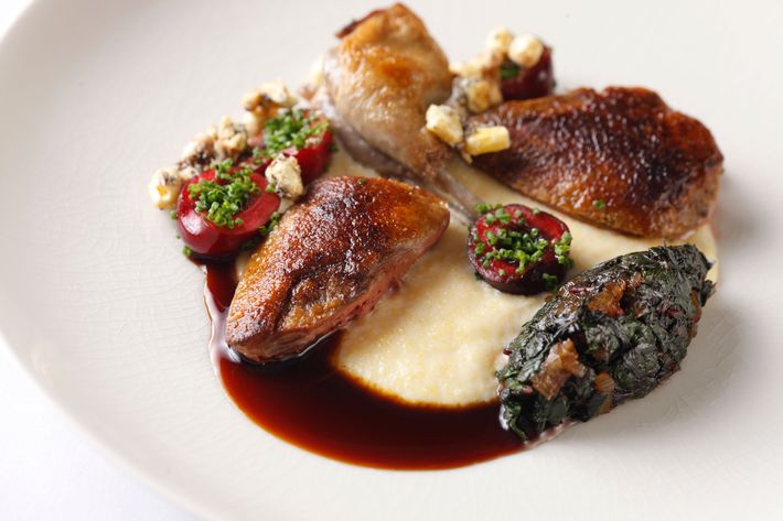 Aged squab with corn, cherries, and Swiss chard.
