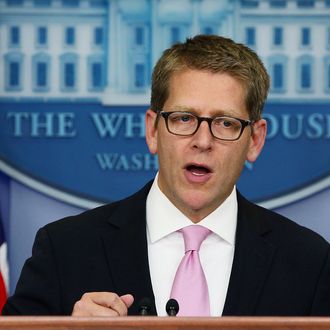 WASHINGTON, DC - SEPTEMBER 06: White House Press Secretary Jay Carney speaks during his daily briefing at the White House, on September 6, 2011 in Washington, DC. Secretary Carney briefed reporters on U.S. President Barack Obama's schedule and his speech he will deliver to a joint session of Congress later this week. (Photo by Mark Wilson/Getty Images)