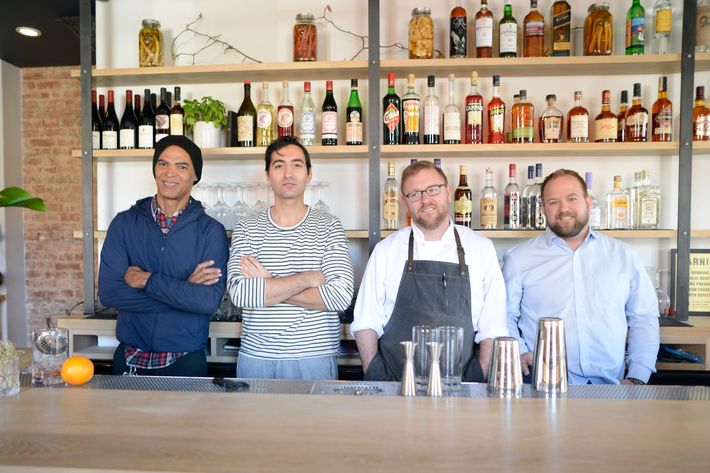 The partners, from left: general manager Maxime Giordani, wine director Alex Alan, chef Chad Shaner, and owner J. T. Stewart.