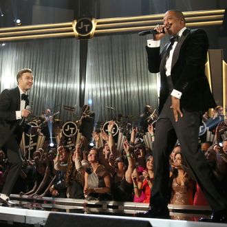 LOS ANGELES, CA - FEBRUARY 10: Singer Justin Timberlake (L) and rapper Jay-Z perform onstage during the 55th Annual GRAMMY Awards at STAPLES Center on February 10, 2013 in Los Angeles, California. (Photo by Christopher Polk/Getty Images for NARAS)