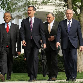WASHINGTON - APRIL 19: (L-R) Al Sharpton, President of National Action Network, Eric Garcetti, City Council President of Los Angeles, Charles Ramsey, Chief of Police of Philadelphia, and Bill Bratton, former police chief of Los Angeles and of New York City, walk toward the podium after a meeting with President Barack Obama on immigration at the White House April 19, 2011 in Washington, DC. Obama had a meeting with a group of business, law enforcement, faith, and current and former elected and appointed leaders to discuss the fixing of the immigration system for the 21st century economic and national security needs. (Photo by Alex Wong/Getty Images)