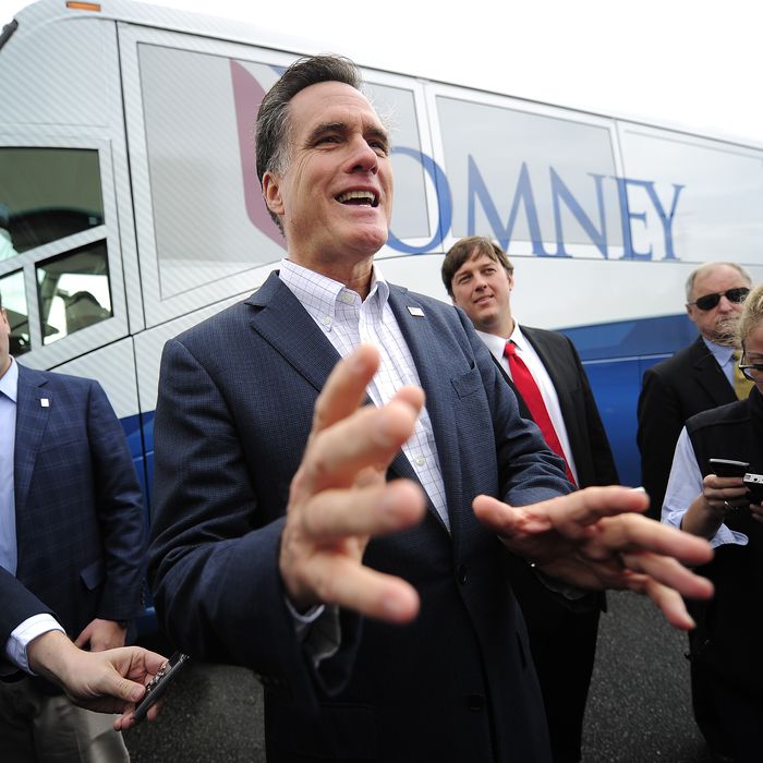 Republican presidential hopeful Mitt Romney talks to journalists after a campaign rally in Florence, South Carolina, January 17, 2012. South Carolina will hold its Republican primary on January 21, 2012. AFP PHOTO/Emmanuel Dunand (Photo credit should read EMMANUEL DUNAND/AFP/Getty Images)