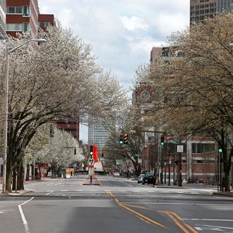 CAMBRIDGE, MA - APRIL 19: Looking down Main Street in Cambridge near Kendall Square towards Boston. There is a Lockdown-in-Place in effect as a manhunt is underway for a suspect in the terrorist bombing of the 117th Boston Marathon earlier this week. (Photo by Jim Davis/The Boston Globe via Getty Images)