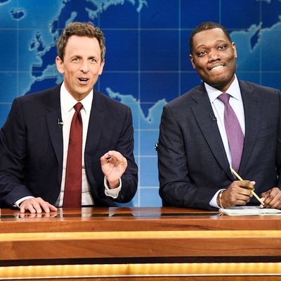 Colin Jost, Seth Meyers, and Michael Che.