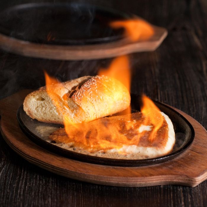 Ed and Bev's saganaki gets real crispy.