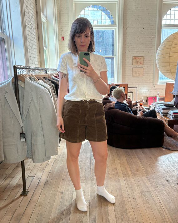 Photo of Strategist senior writer Liza Corsillo in Buck Mason's Cord Beach Cruiser shorts.