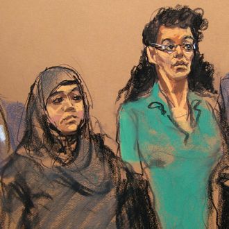 In this courtroom sketch, defendants Noelle Velentzas, center left and Asia Siddiqui, center right, appear in federal court with their attorneys, Thursday, April 2, 2015, in New York. The two women were arrested Thursday on charges they plotted to wage violent jihad by building a homemade bomb and using it for a Boston Marathon-type terror attack. (AP Photo/Jane Rosenberg)