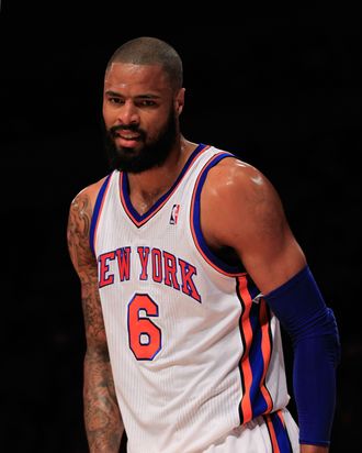 Tyson Chandler #6 of the New York Knicks reacts during the game against the Cleveland Cavaliers