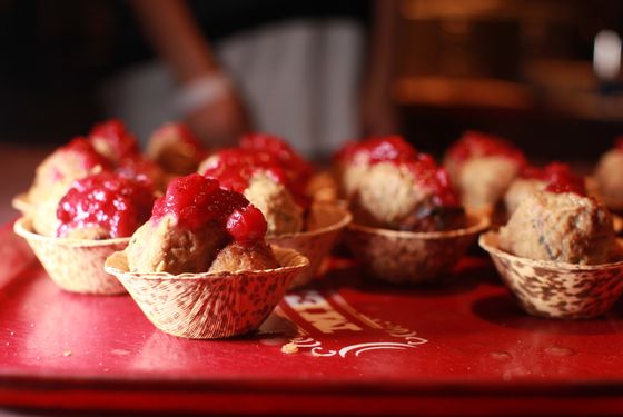 "Gobble Gobble" balls from the Meatball Shop with gravy and cranberry sauce.