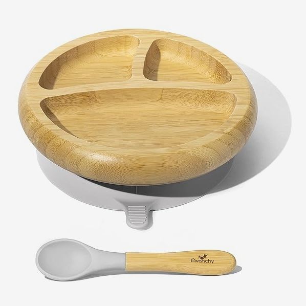 Avanchy Non-Divided Bamboo Baby Plate with Suction and Silicone Spoon - Gray