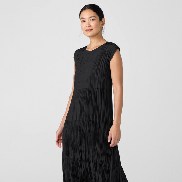 Eileen Fisher Crushed Silk Jewel Neck Tiered Dress