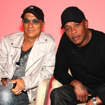 (L-R) Jimmy Iovine and Dr. Dre attend the Beats by Dre Holiday 2011 product line up unveiling at CLVT on October 11, 2011 in New York City. 