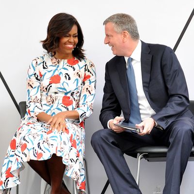 First Lady Michelle Obama and New York City Mayor Bill de Blasio attend the Whitney Museum Of American Art Ribbon Cutting Ceremony at The Whitney Museum of American Art on April 30, 2015 in New York City. 
