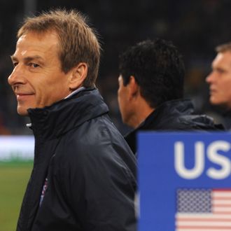 USA head coach Jurgen Klinsmann looks on prior to the international friendly match between Italy and USA at Luigi Ferraris Stadium on February 29, 2012 in Genoa, Italy. 