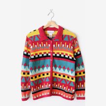 Polo Mocha Vintage Colorful Geometric Stripe Collared Sweater Cardigan