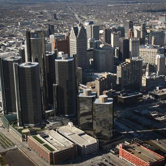 The General Motors (GM) world headquarters building stands tallest amidst the Renaissance Center in the skyline of city's downtown on November 21, 2008 in Detroit, Michigan.