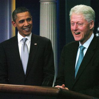 WASHINGTON, DC - DECEMBER 10: Former U.S. President Bill Clinton (R) speaks to reporters during a news conference with U.S. President Barack Obama (L) in the White House Briefing Room December 10, 2010 Washington, DC. Clinton urged Democrats to stand behind Obama's tax-cut deal. (Photo by Bill Auth-Pool/Getty Images) *** Local Caption *** Barack Obama;Bill Clinton