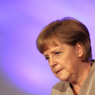 German Chancellor Angela Merkel speaks at the conference of the Economic Council of the CDU (Wirtschaftsrat der CDU) on June 12, 2012 in Berlin, Germany. Merkel said that Europe is at a crossroads between mastering its economic problems or sliding into global insignificance.
