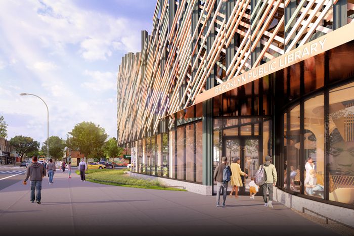 An exterior rendering of the BPL branch at New Lots.