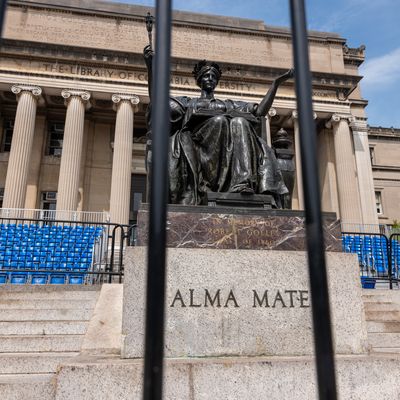 The fenced off Alma Mater statue at Columbia University