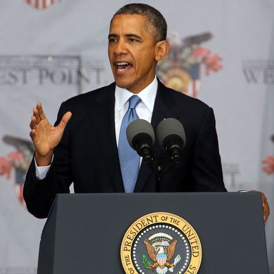 WEST POINT, NY - MAY 28: U.S. President Barack Obama gives the commencement address at the graduation ceremony at the U.S. Military Academy at West Point on May 28, 2014 in West Point, New York. In a highly anticipated speech on foreign policy, the President provided details on his plans for winding down America's military commitment in Afghanistan. Over 1,000 cadets are expected to graduate from the class of 2014 and will be commissioned as second lieutenants in the U.S. Army. (Photo by Spencer Platt/Getty Images)