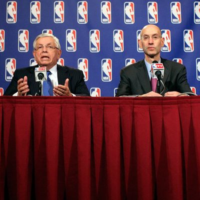 NEW YORK, NY - NOVEMBER 10: NBA Commissioner David Stern (L) and NBA Deputy Commissioner Adam Silver speak at a press conference after NBA labor negotiations at the New York Helmsley Hotel in the early morning hours of November 10, 2011 in New York City. (Photo by Patrick McDermott/Getty Images)