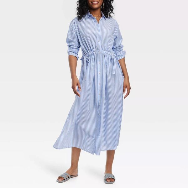 Women's Long Sleeve Cinch Waist Maxi Shirtdress