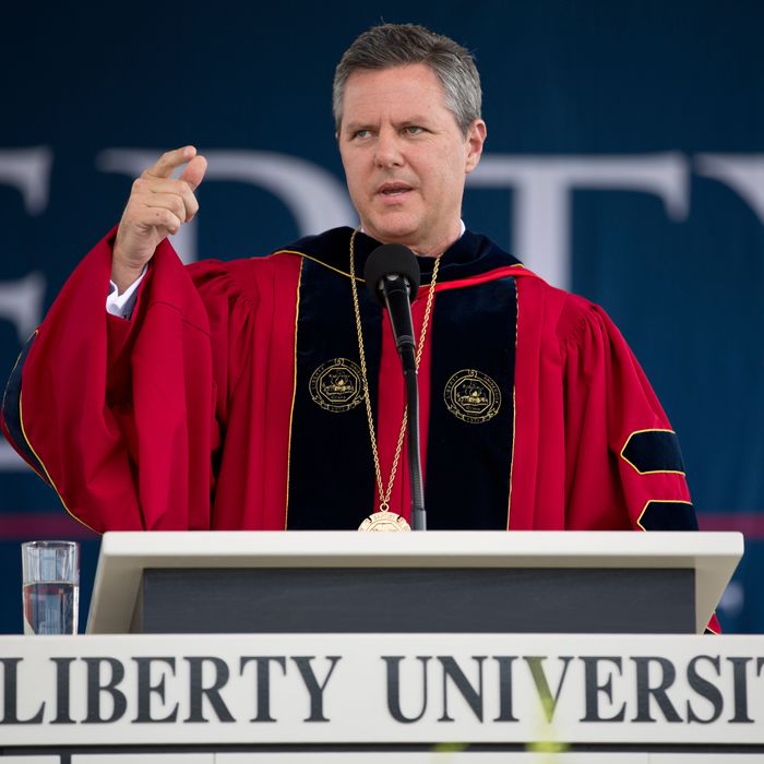 President of Liberty University, Jerry Falwell Jr. speaks during a commencement ceremony at Liberty University in Lynchburg, Virginia May 12, 2012. 