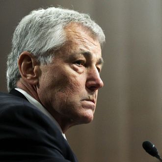 WASHINGTON, DC - JANUARY 31: Former U.S. Sen. Chuck Hagel (R-NE) testifies before the Senate Armed Services Committee during his confirmation hearing to become the next secretary of defense on Capitol Hill January 31, 2013 in Washington, DC. President Barack Obama nominated Hagel, a controversial choice as Hagel opposed former President George W. Bush and his own party on the Iraq War and upset liberals with his criticism of a gay ambassador, for which he later apologized. (Photo by Alex Wong/Getty Images)