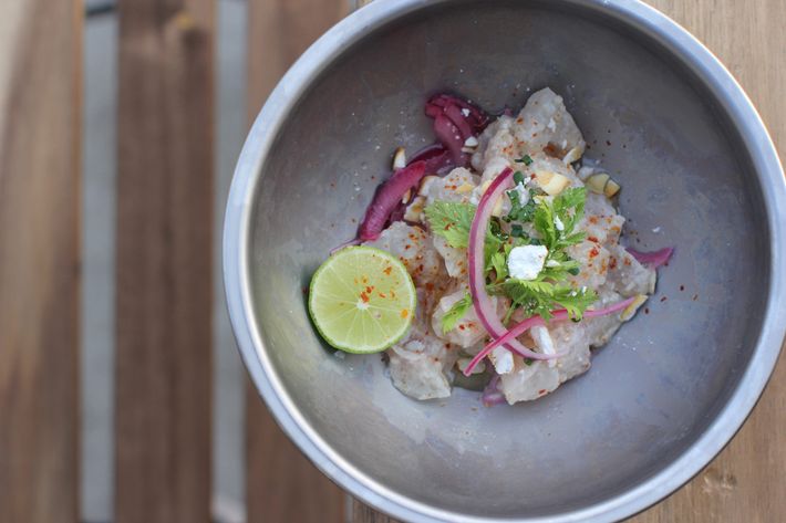 Fluke ceviche with chile, red onion, and Key lime.