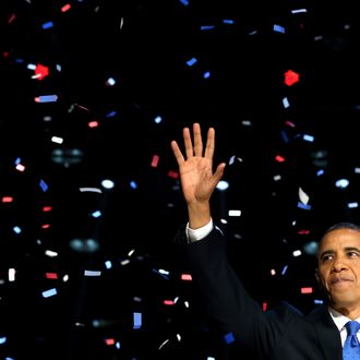 CHICAGO, IL - NOVEMBER 06: U.S. President Barack Obama waves to supporters after his victory speech at McCormick Place on election night November 6, 2012 in Chicago, Illinois. Obama won reelection against Republican candidate, former Massachusetts Governor Mitt Romney. (Photo by Chip Somodevilla/Getty Images)