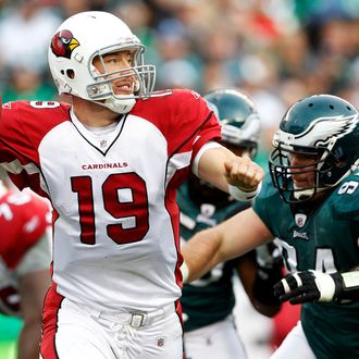 PHILADELPHIA, PA - NOVEMBER 13: John Skelton #19 of the Arizona Cardinals looks to pass as Derek Landri #94 of the Philadelphia Eagles icloses in for a sack during a game at Lincoln Financial Field on November 13, 2011 in Philadelphia, Pennsylvania. The Cardinals defeated the Eagles 21-17. (Photo by Rich Schultz /Getty Images)