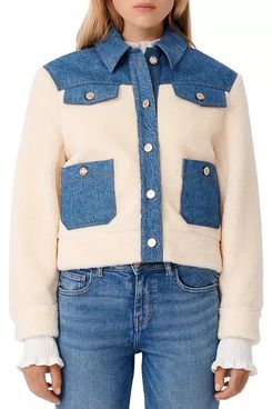 Maje Bamia Denim Trim Faux Fur Jacket