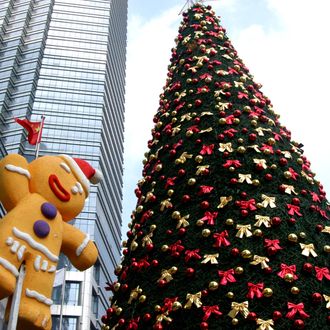 NANJING, CHINA - DECEMBER 08: (CHINA OUT) A Christmas tree is installed at Zhongyang Road on December 8, 2011 in Nanjing, China. (Photo by ChinaFotoPress/Getty Images)